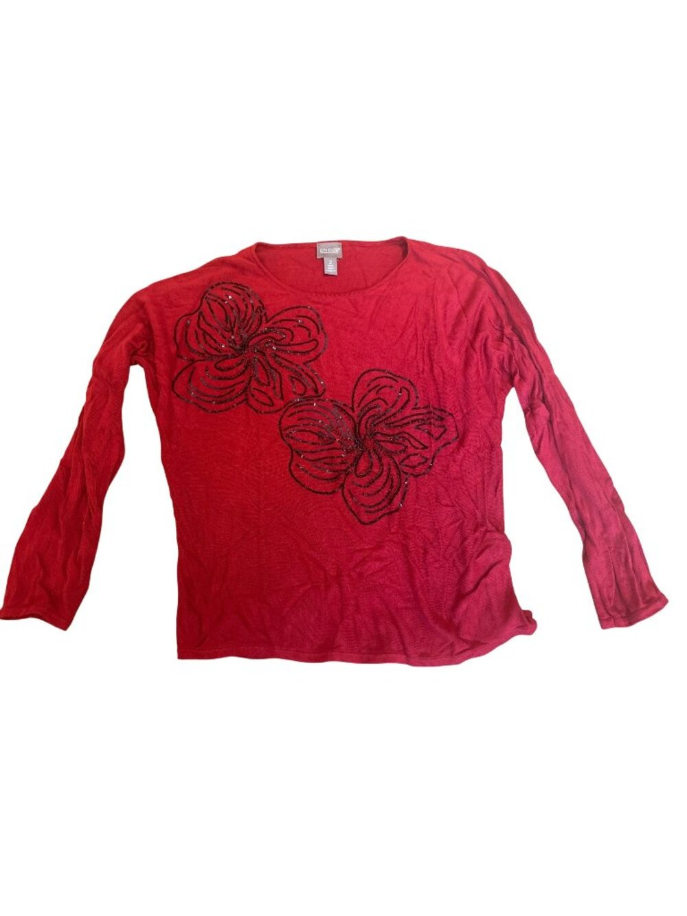 Chicos Womens Top 2 L Red Black Sequin Floral Long Sleeve Career Festive Party